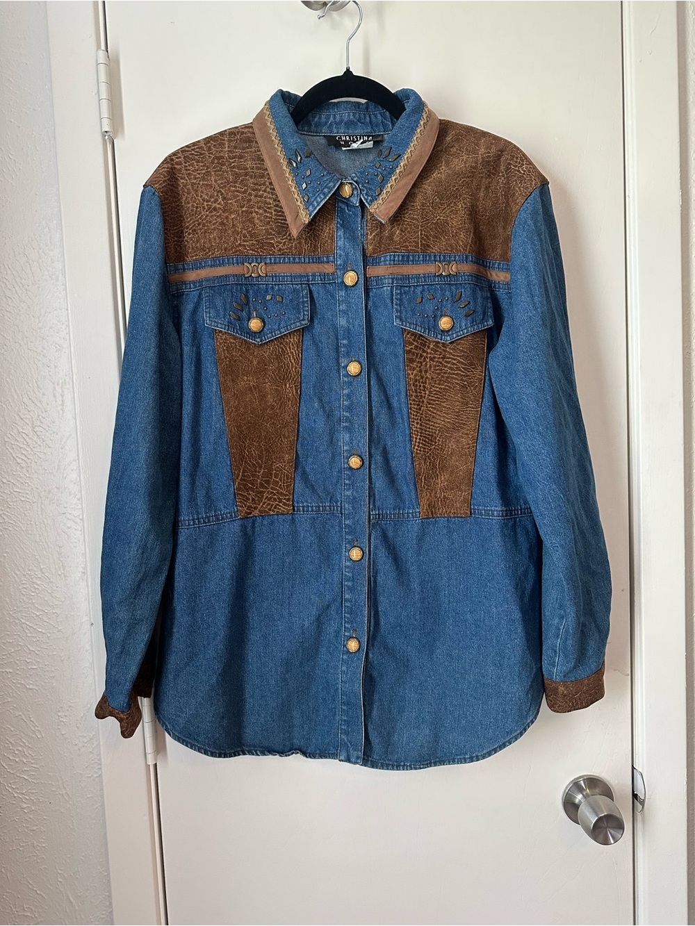Vintage Blue Denim and Brown Western Patchwork Jacket